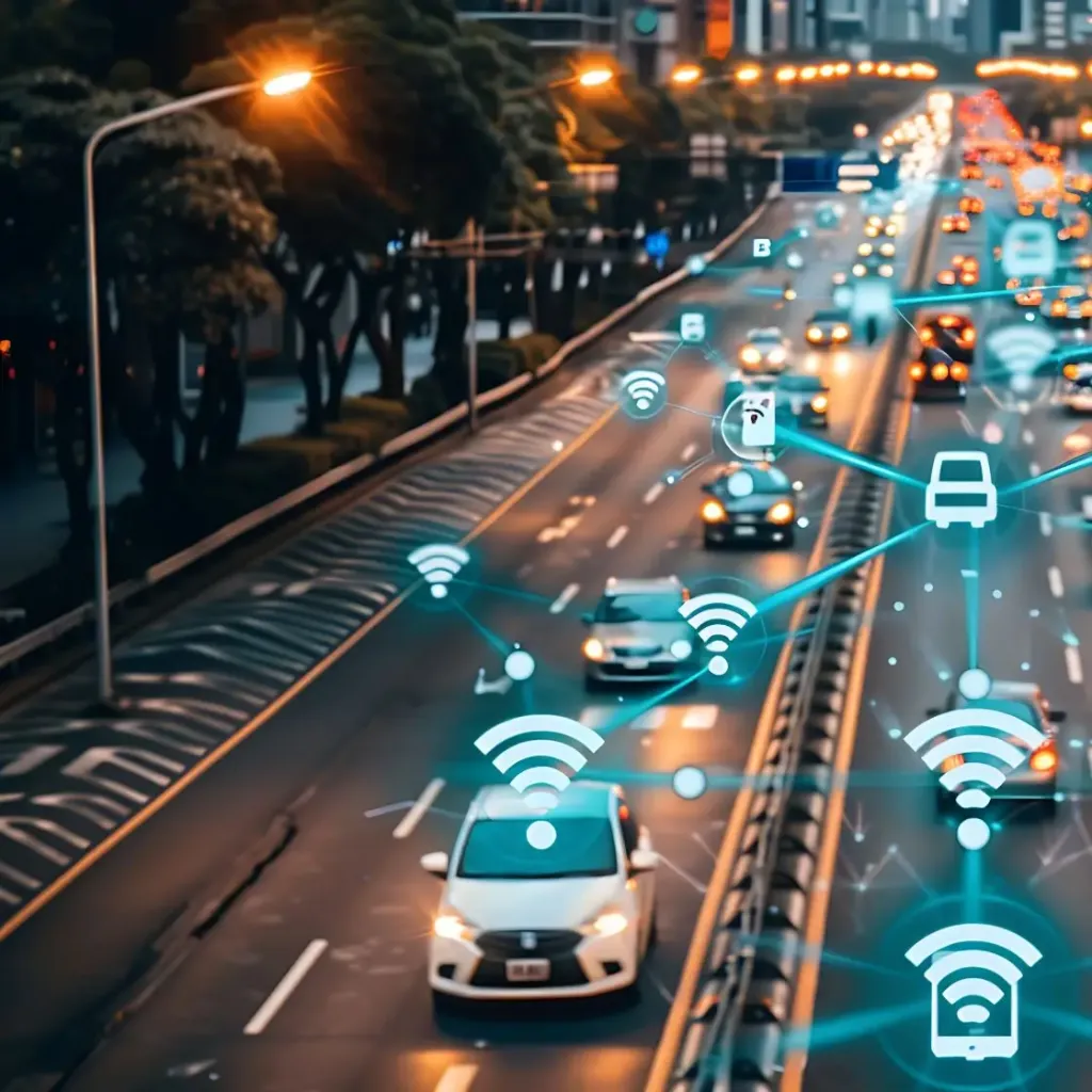 Smart city traffic concept with connected cars and network signals overlay.