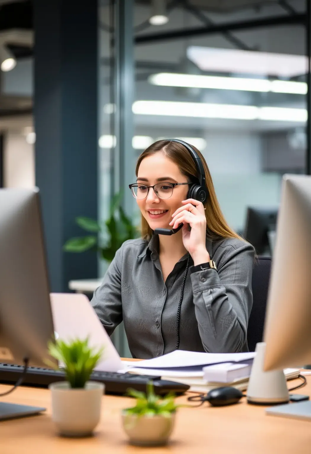 Smiling woman at a help desk, wearing a headset and working on a computer.